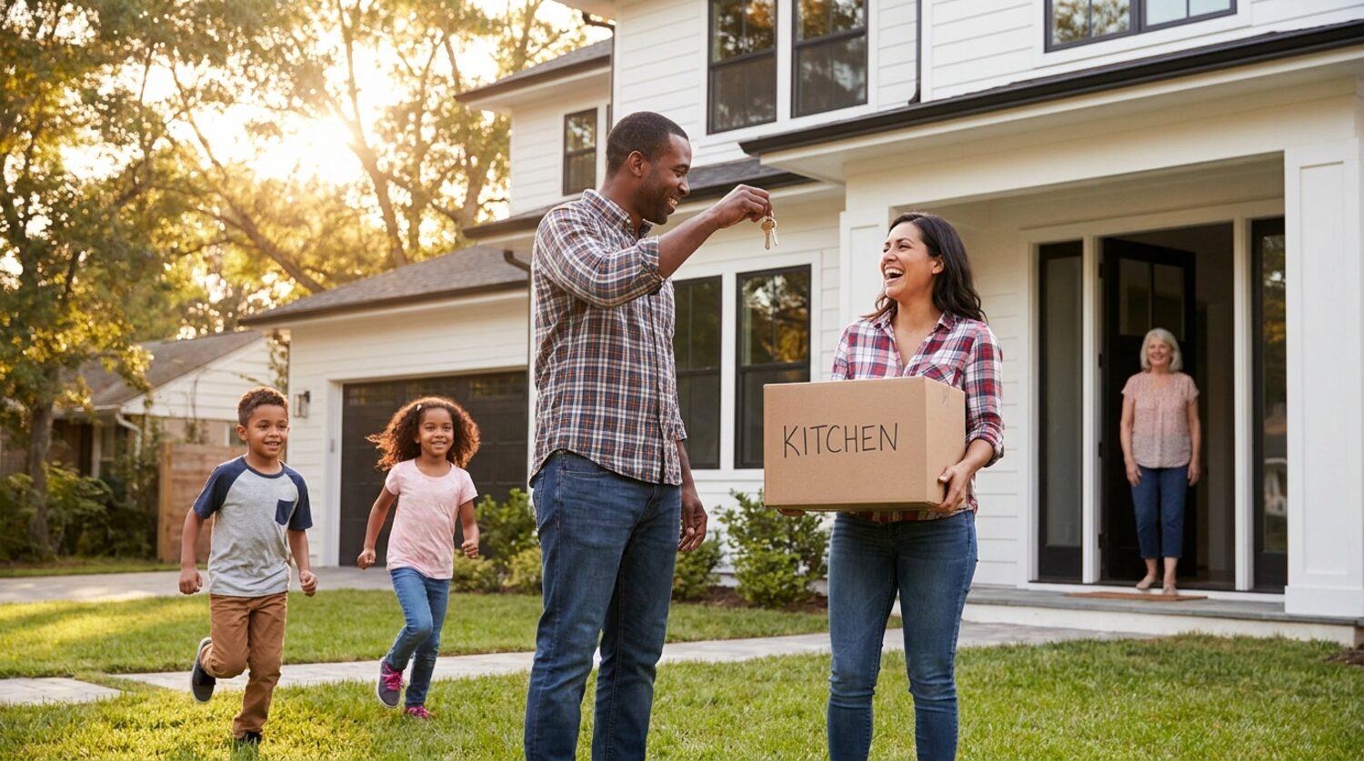 A happy diverse family receiving the keys to their new home