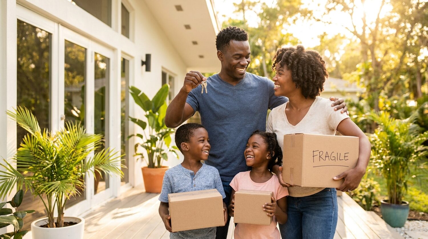 A joyful Haitian family moving into their new home with keys in hand