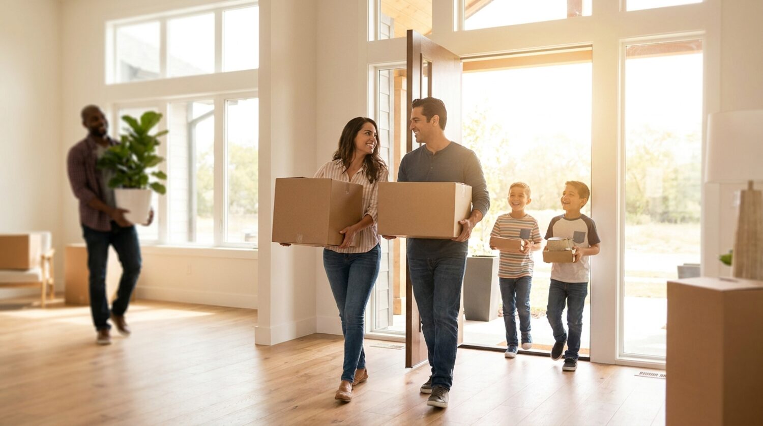 A family carrying boxes into their new home